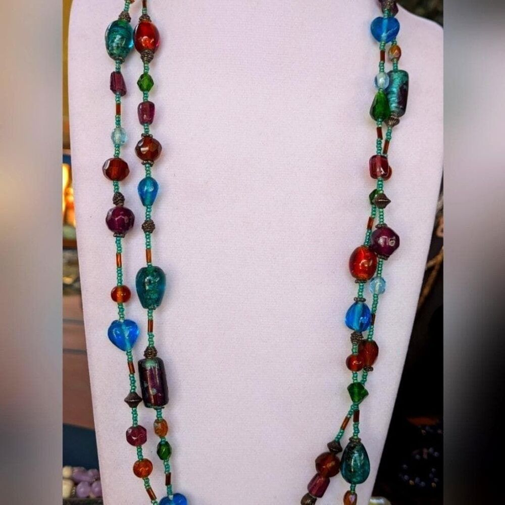 Bohemian Colorful Glass Bead Necklace Long Art to Wear Statement Jewelry